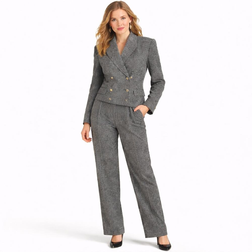Vintage Victoria Creager Gray Tweed Double Breasted Pant Suit 12 Made USA